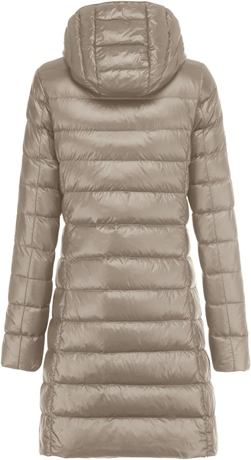 Women's Warm Lightweight Long Down Jacket Warm Quilted Puffer Coat with Hood Removable