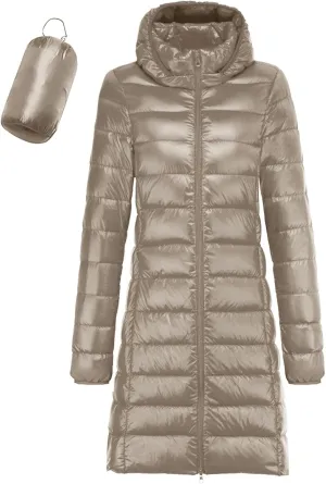 Women's Warm Lightweight Long Down Jacket Warm Quilted Puffer Coat with Hood Removable