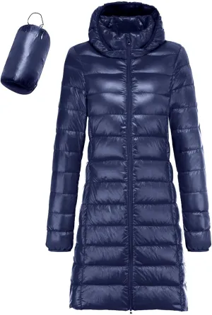 Women's Warm Lightweight Long Down Jacket Warm Quilted Puffer Coat with Hood Removable