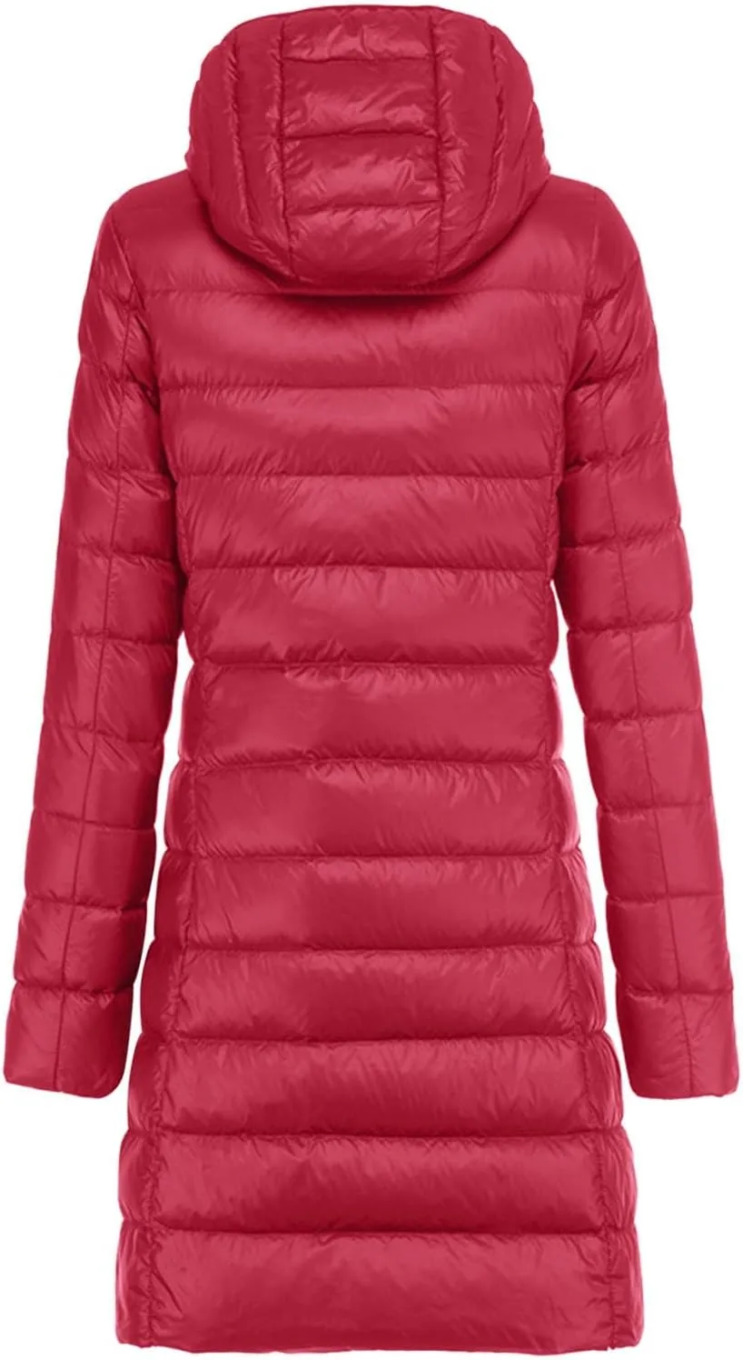 Women's Warm Lightweight Long Down Jacket Warm Quilted Puffer Coat with Hood Removable