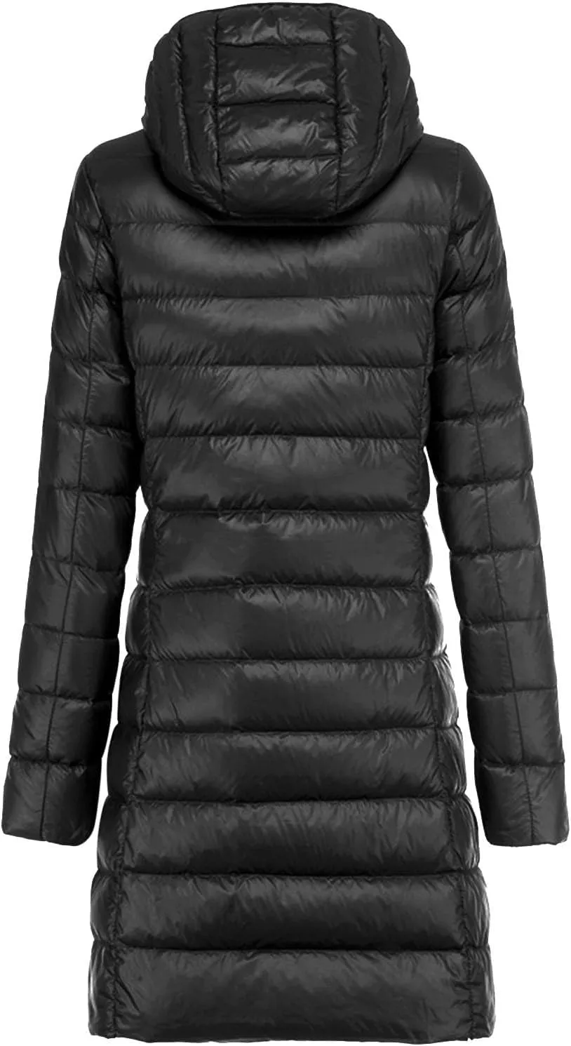 Women's Warm Lightweight Long Down Jacket Warm Quilted Puffer Coat with Hood Removable