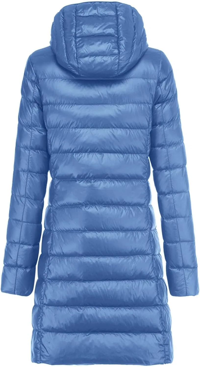 Women's Warm Lightweight Long Down Jacket Warm Quilted Puffer Coat with Hood Removable