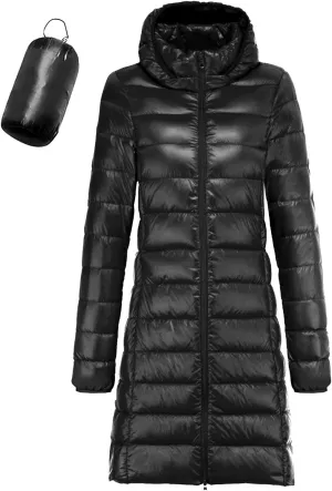 Women's Warm Lightweight Long Down Jacket Warm Quilted Puffer Coat with Hood Removable