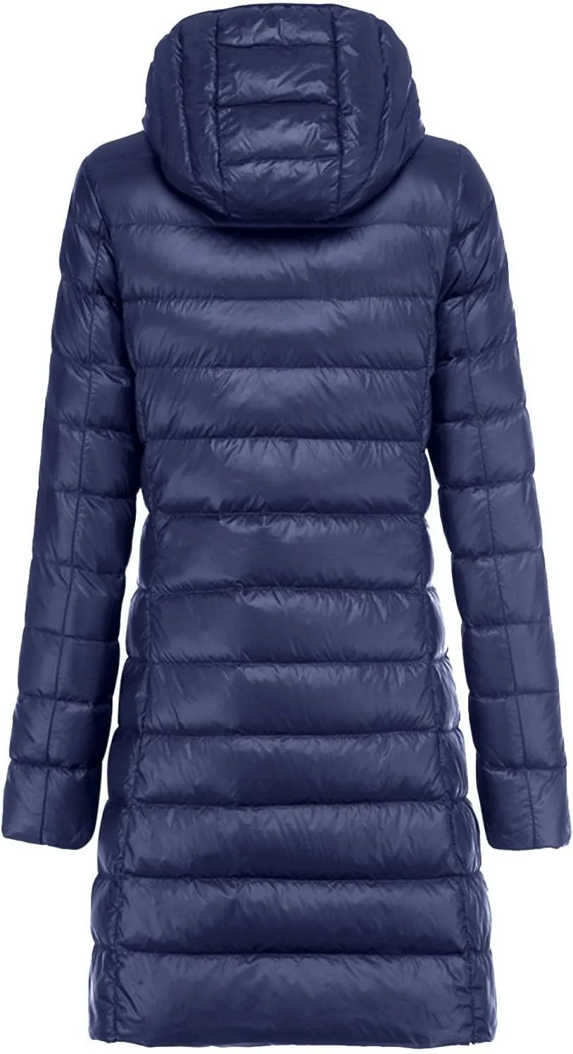 Women's Warm Lightweight Long Down Jacket Warm Quilted Puffer Coat with Hood Removable