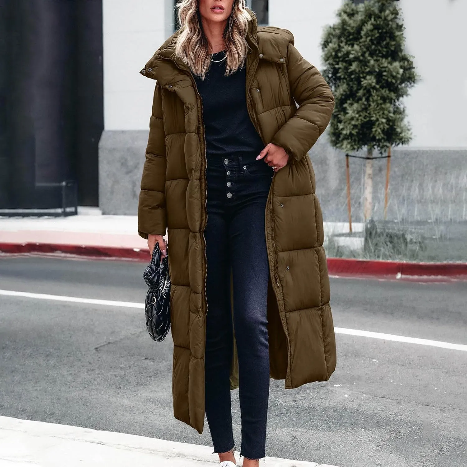 Womens Winter Coats Long Puffer Coats Down Thicken Warm Quilted Jacket Mid-Length Padded Coats Zipper Hood Outerwear