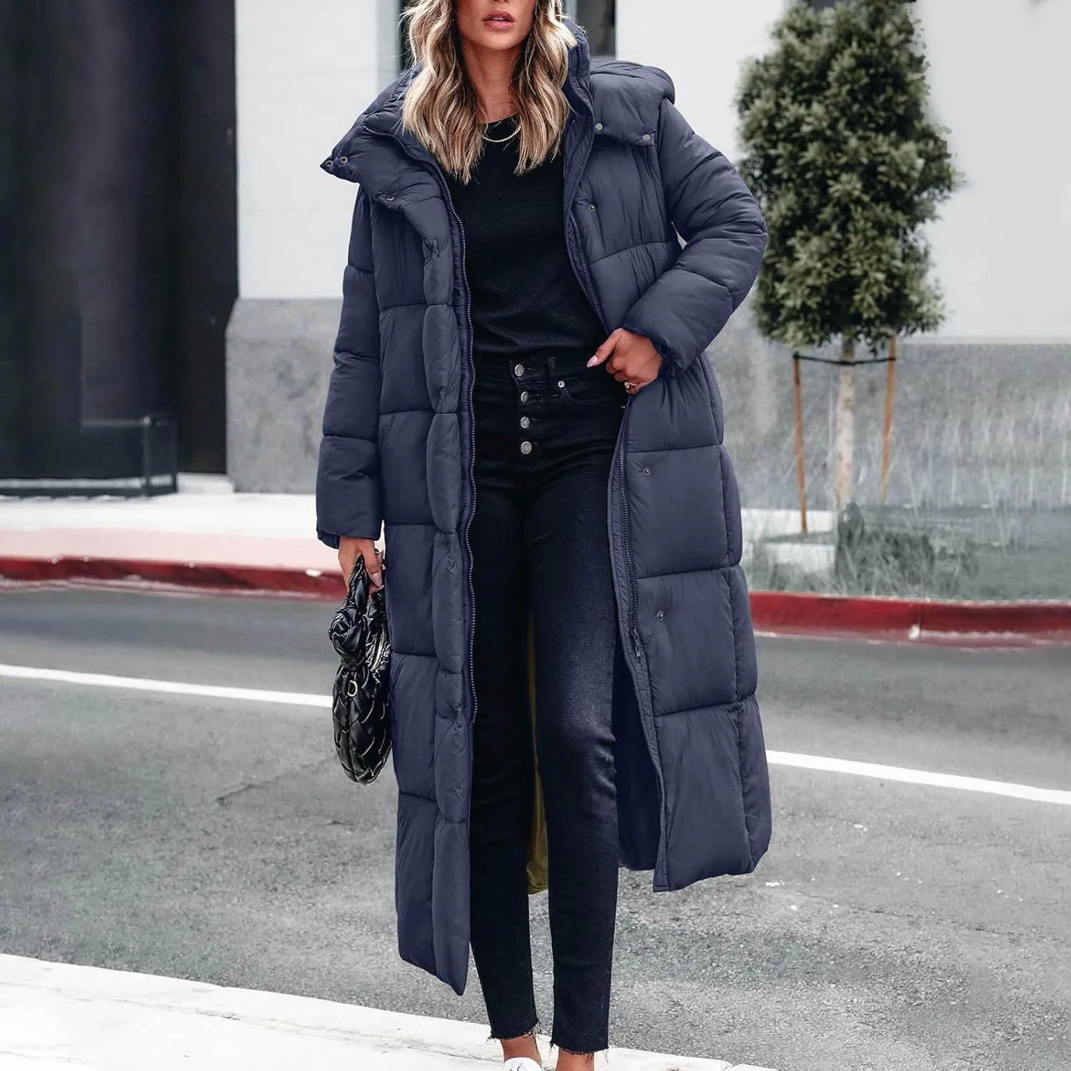 Womens Winter Coats Long Puffer Coats Down Thicken Warm Quilted Jacket Mid-Length Padded Coats Zipper Hood Outerwear