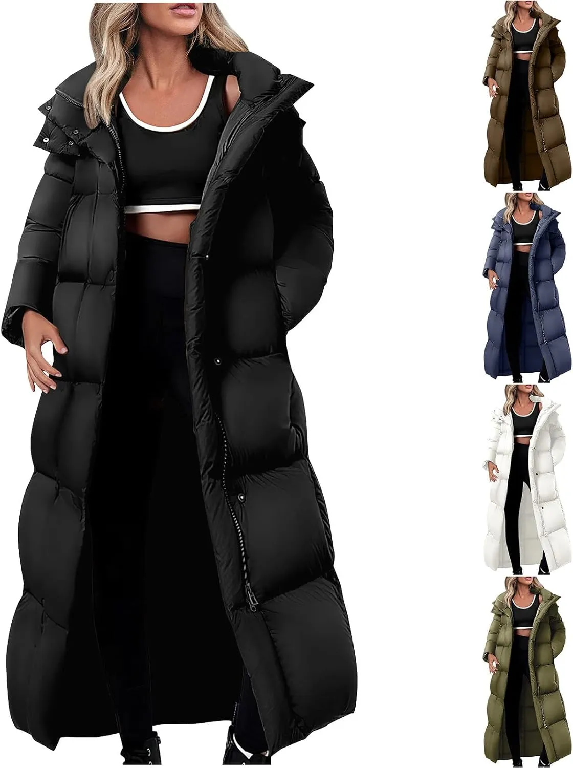 Womens Winter Coats Long Puffer Coats Down Thicken Warm Quilted Jacket Mid-Length Padded Coats Zipper Hood Outerwear