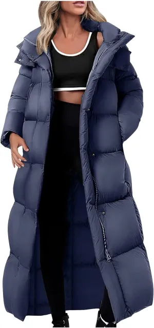 Womens Winter Coats Long Puffer Coats Down Thicken Warm Quilted Jacket Mid-Length Padded Coats Zipper Hood Outerwear
