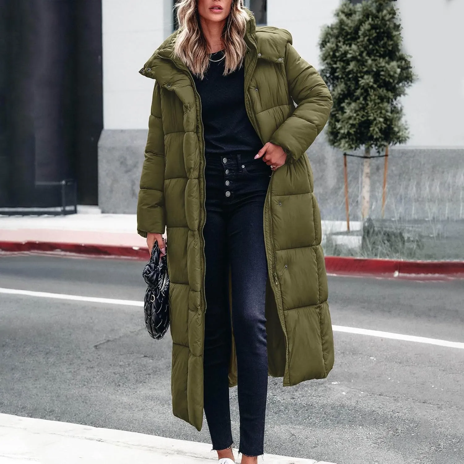 Womens Winter Coats Long Puffer Coats Down Thicken Warm Quilted Jacket Mid-Length Padded Coats Zipper Hood Outerwear