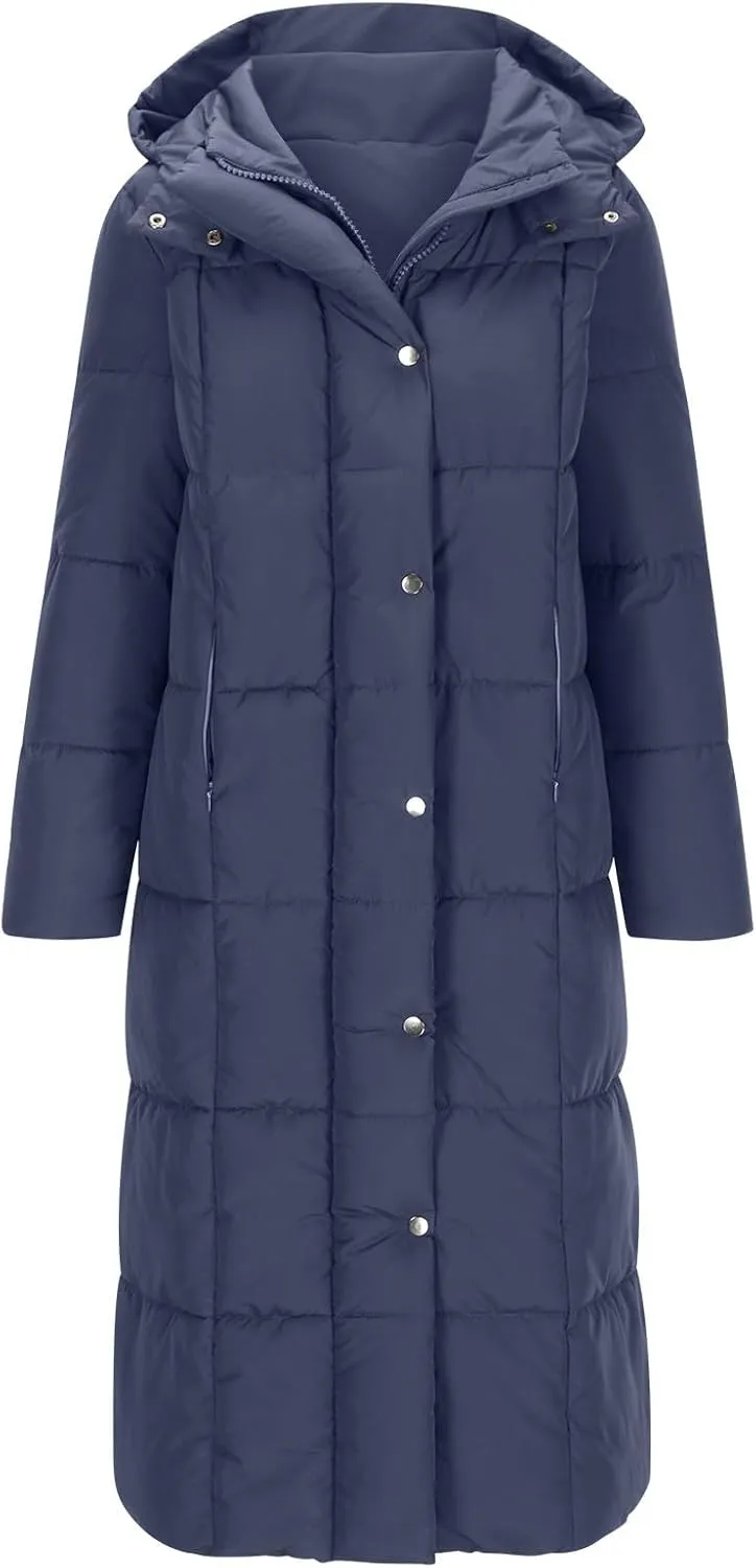 Womens Winter Coats Long Puffer Coats Down Thicken Warm Quilted Jacket Mid-Length Padded Coats Zipper Hood Outerwear
