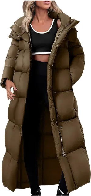 Womens Winter Coats Long Puffer Coats Down Thicken Warm Quilted Jacket Mid-Length Padded Coats Zipper Hood Outerwear