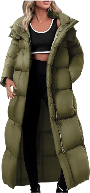 Womens Winter Coats Long Puffer Coats Down Thicken Warm Quilted Jacket Mid-Length Padded Coats Zipper Hood Outerwear