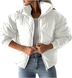 Womens Winter Cropped Puffer Jacket Oversized Long Sleeve Full Zip Puffy Coat Warm Quilted Jacket with Pockets