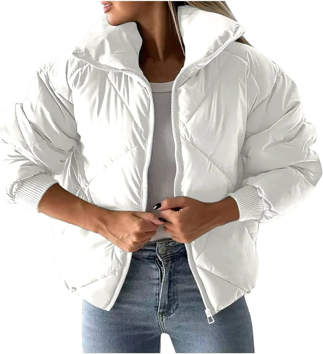 Womens Winter Cropped Puffer Jacket Oversized Long Sleeve Full Zip Puffy Coat Warm Quilted Jacket with Pockets