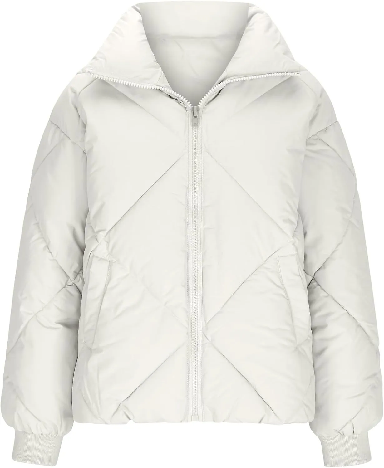 Womens Winter Cropped Puffer Jacket Oversized Long Sleeve Full Zip Puffy Coat Warm Quilted Jacket with Pockets