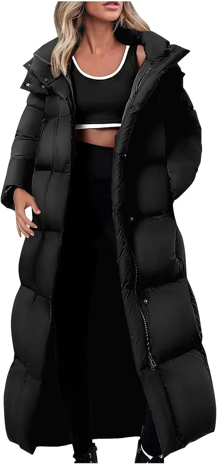 Women's Winter Long Puffer Coats Thicken Down Jackets Warm Padded Coat Zip up Quilted Jacket Casual Trendy Outerwear