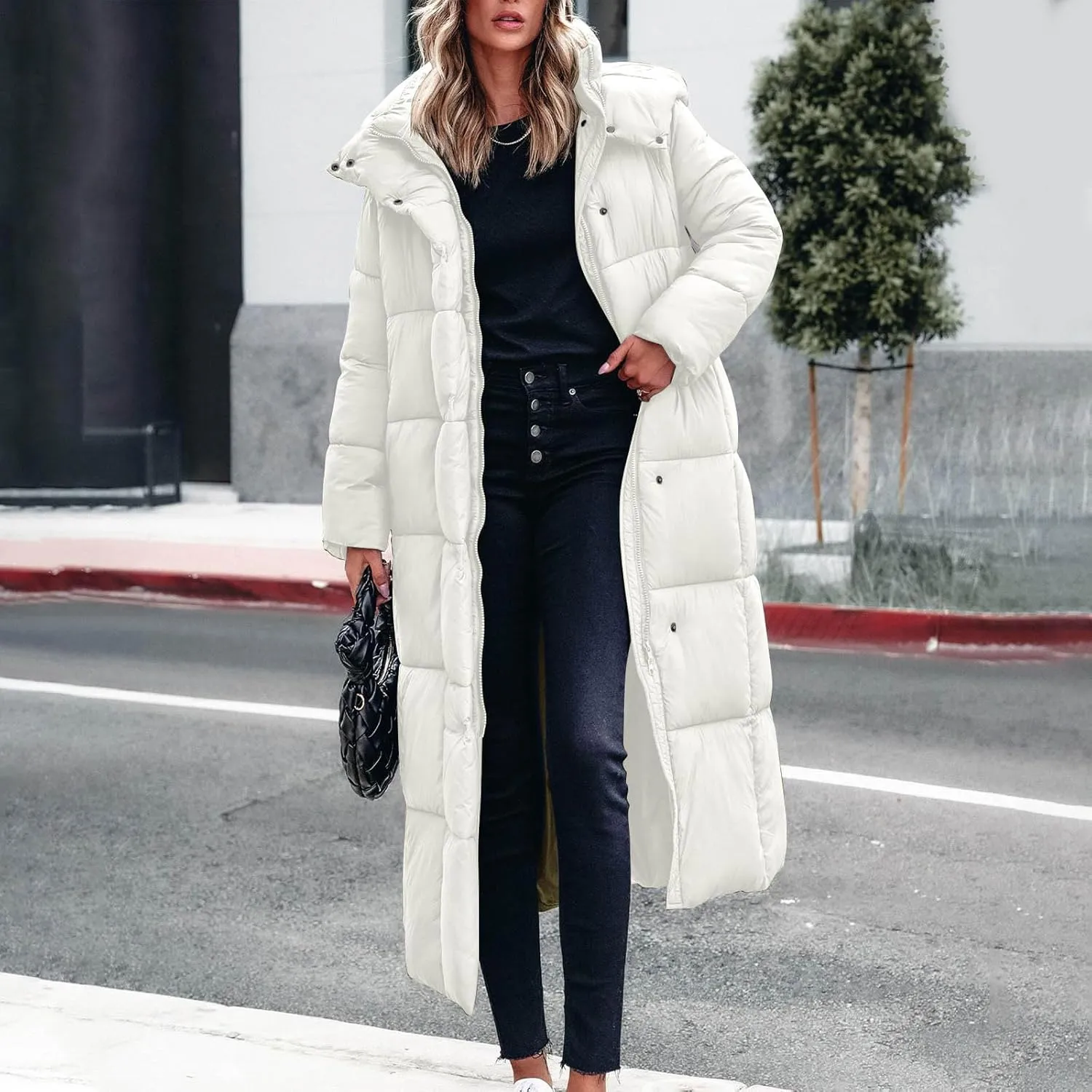 Women's Winter Long Puffer Coats Thicken Down Jackets Warm Padded Coat Zip up Quilted Jacket Casual Trendy Outerwear