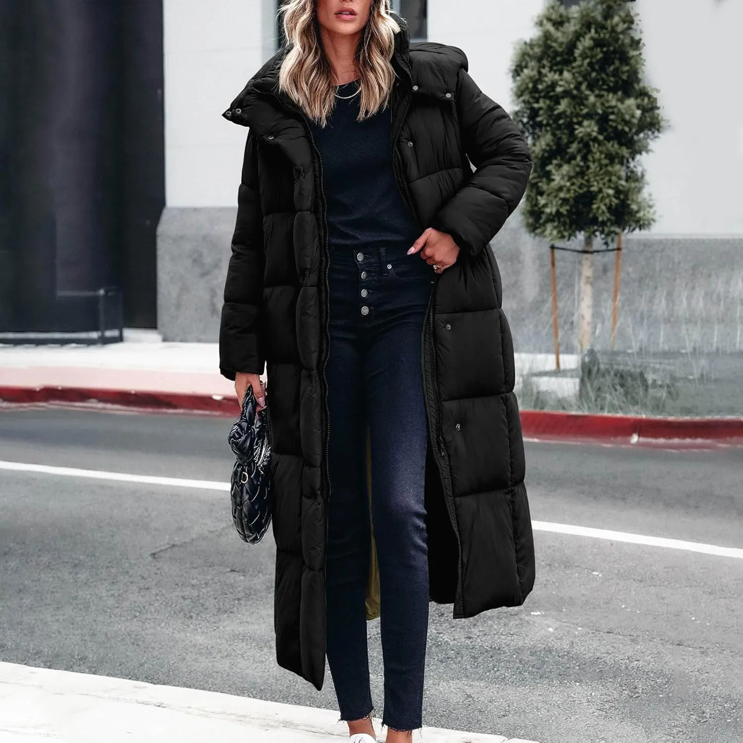 Women's Winter Long Puffer Coats Thicken Down Jackets Warm Padded Coat Zip up Quilted Jacket Casual Trendy Outerwear