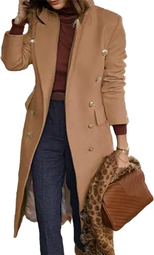 Women's Winter Notched Lapel Pea Coats Double-Breasted Trench Coat Dressy Casual Overcoats Long Jacket Outerwear