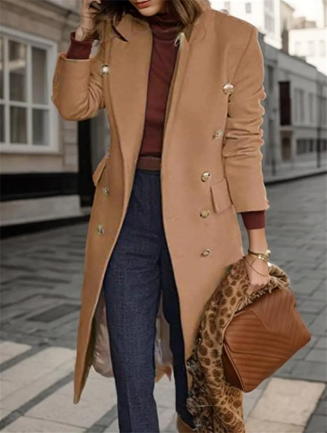 Women's Winter Notched Lapel Pea Coats Double-Breasted Trench Coat Dressy Casual Overcoats Long Jacket Outerwear