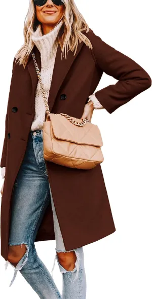 Women's Winter Pea Coat Notch Laple Double Breasted Casual Wool Blend Trench Coats