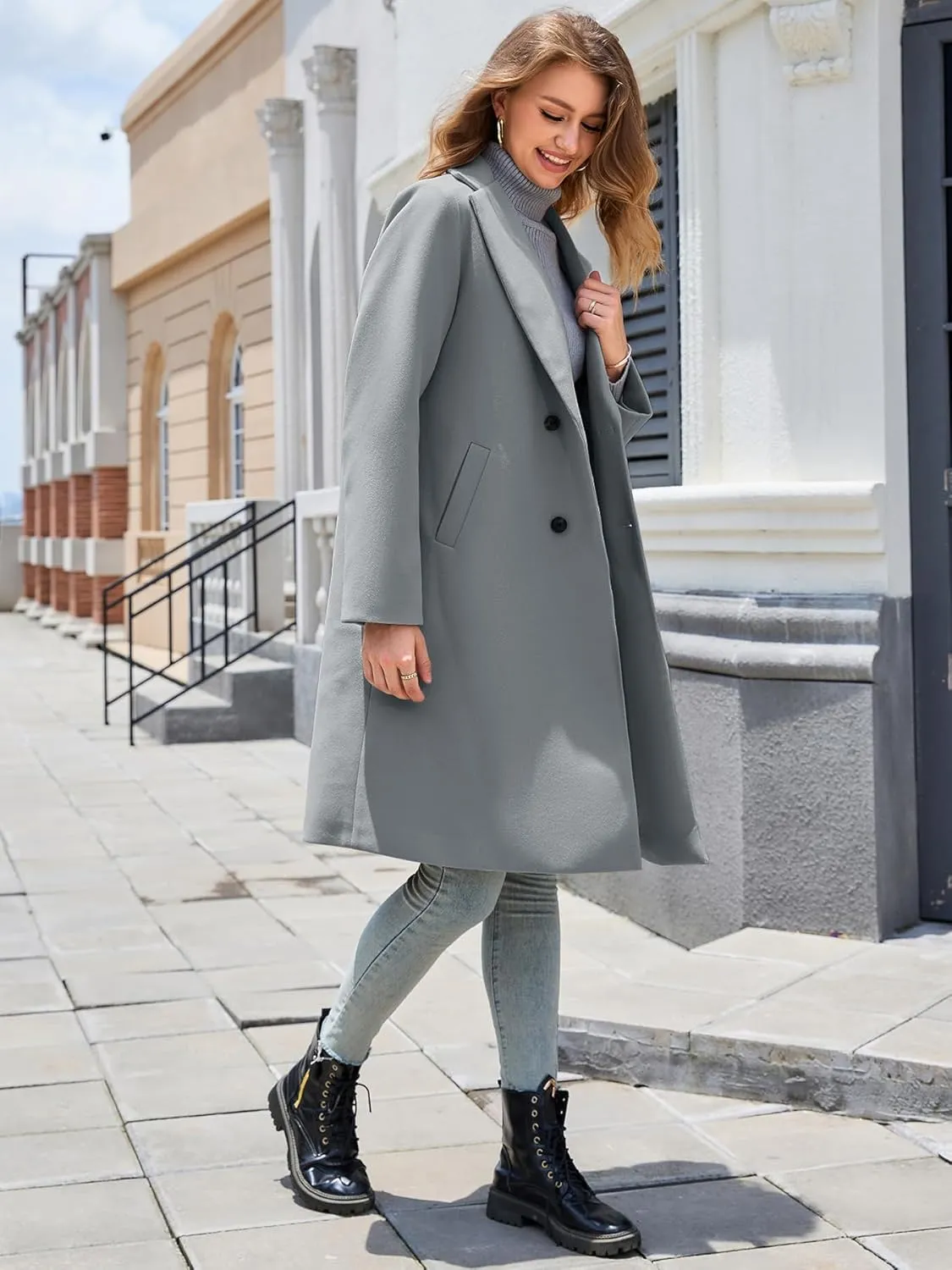 Women's Winter Pea Coat Notch Laple Double Breasted Casual Wool Blend Trench Coats