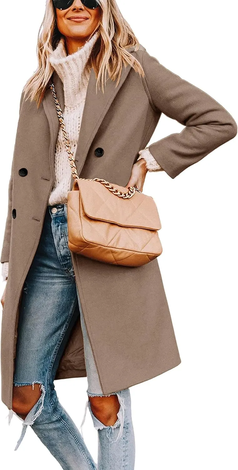 Women's Winter Pea Coat Notch Laple Double Breasted Casual Wool Blend Trench Coats