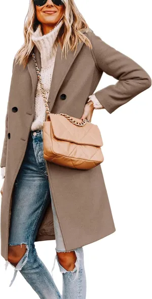 Women's Winter Pea Coat Notch Laple Double Breasted Casual Wool Blend Trench Coats