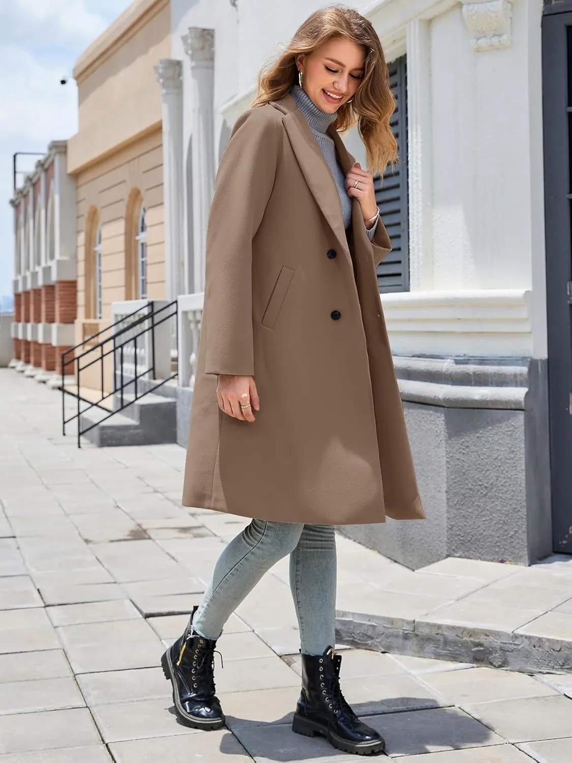 Women's Winter Pea Coat Notch Laple Double Breasted Casual Wool Blend Trench Coats
