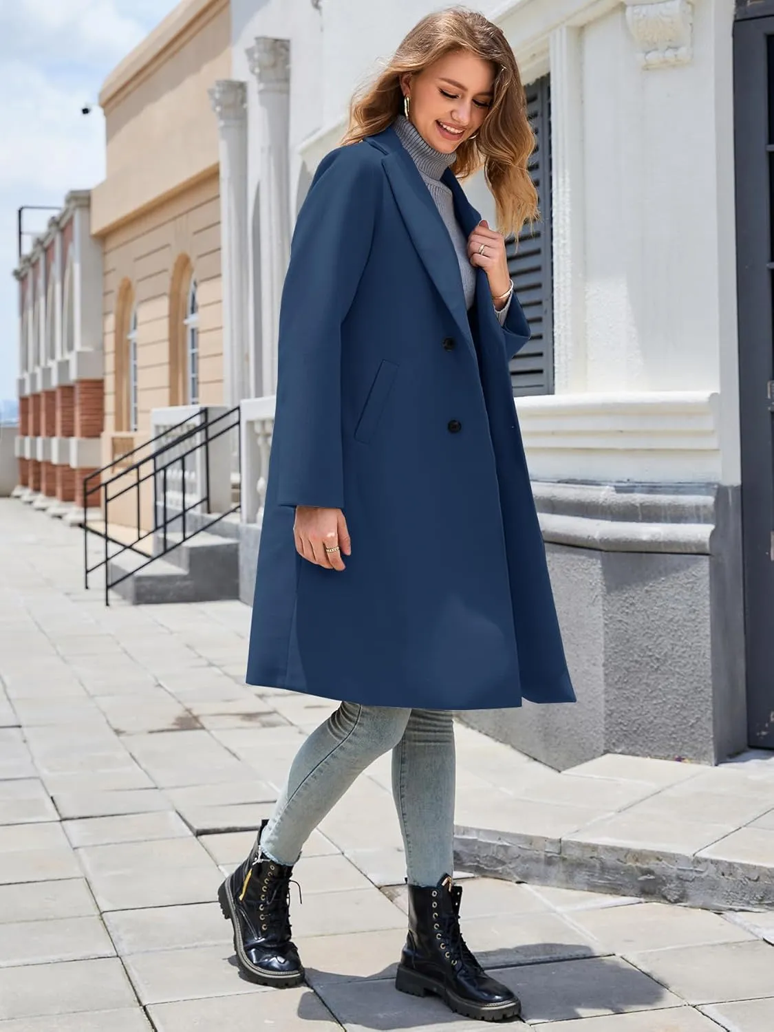 Women's Winter Pea Coat Notch Laple Double Breasted Casual Wool Blend Trench Coats
