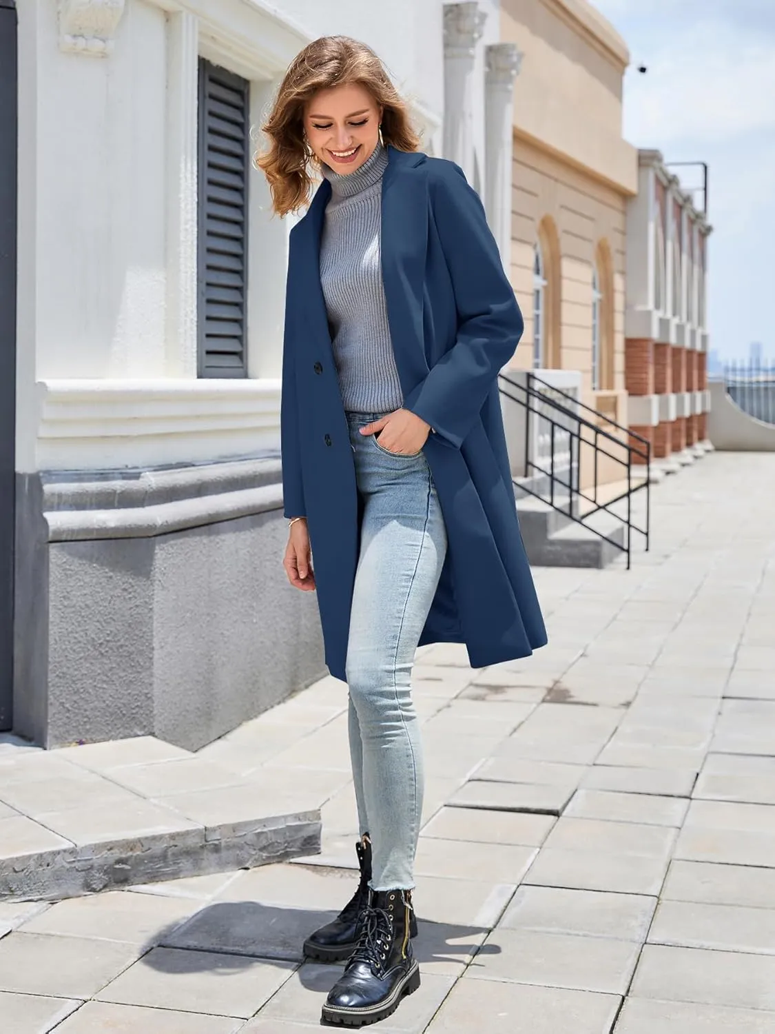Women's Winter Pea Coat Notch Laple Double Breasted Casual Wool Blend Trench Coats