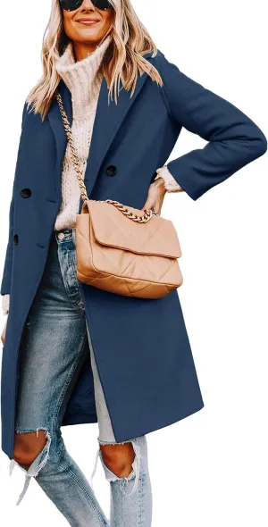 Women's Winter Pea Coat Notch Laple Double Breasted Casual Wool Blend Trench Coats
