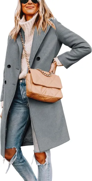 Women's Winter Pea Coat Notch Laple Double Breasted Casual Wool Blend Trench Coats