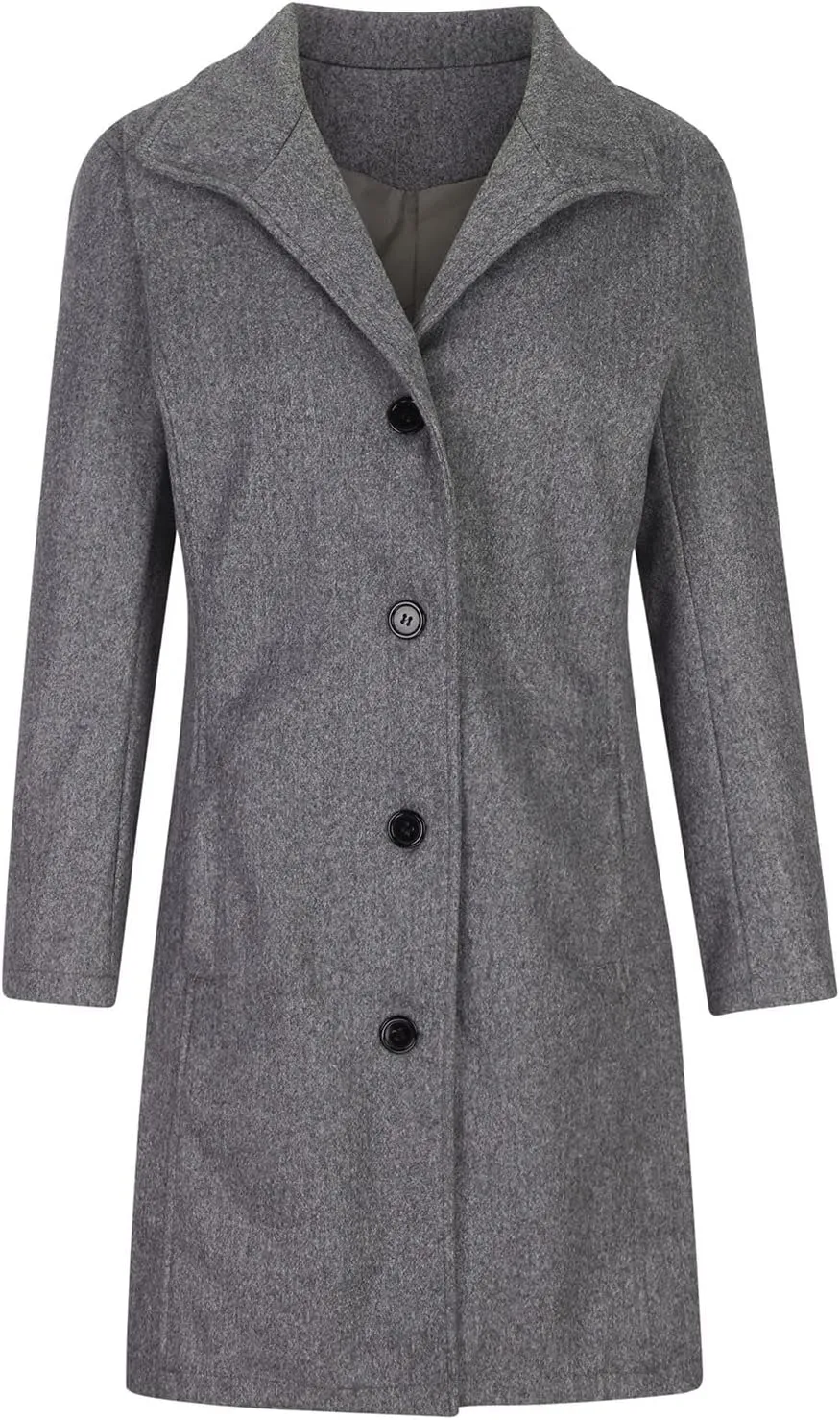 Women's Wool Blend Trench Coat Casual Single Breasted Pea Coat Thicken Stand Collar Mid Long Overcoat with Pocket