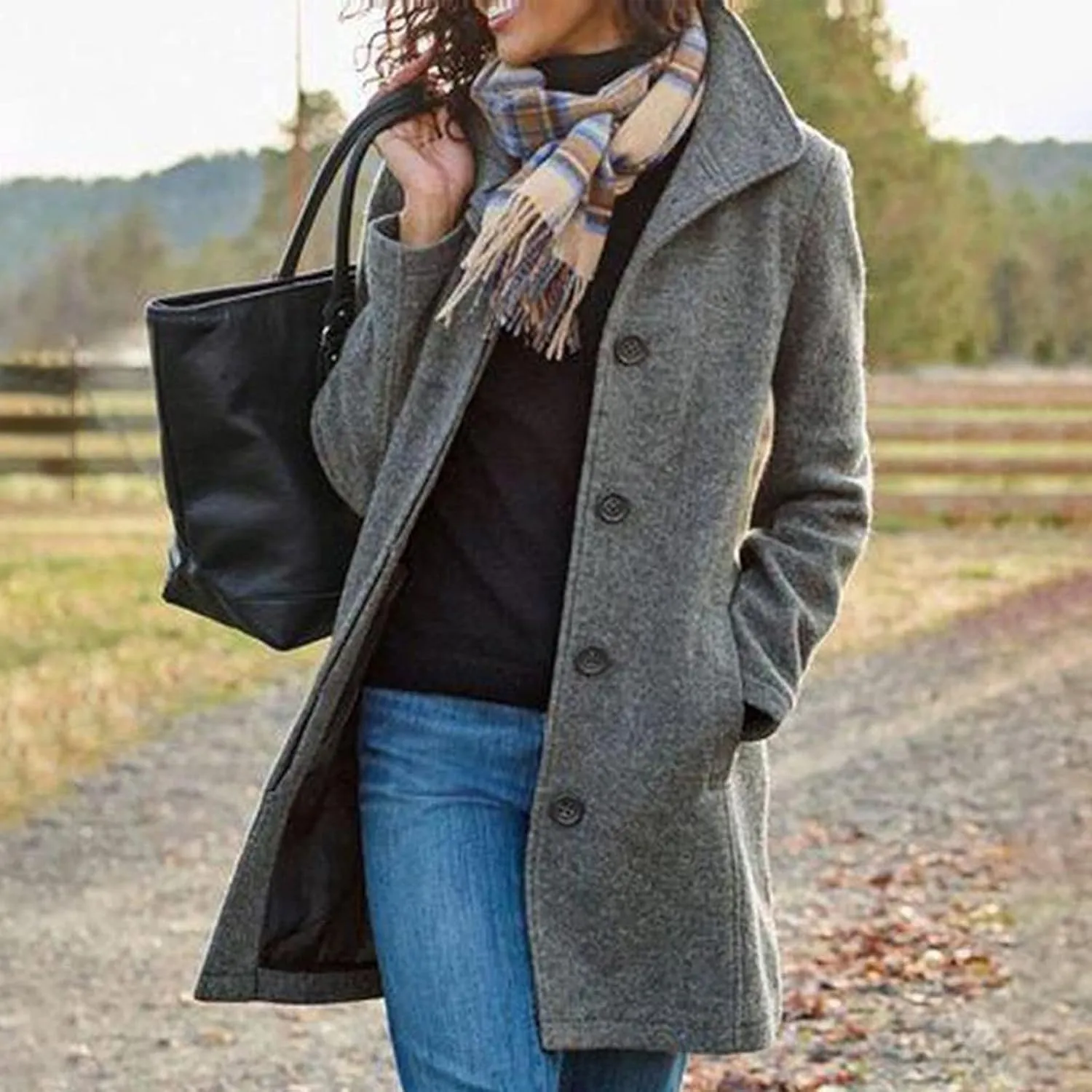 Women's Wool Blend Trench Coat Casual Single Breasted Pea Coat Thicken Stand Collar Mid Long Overcoat with Pocket