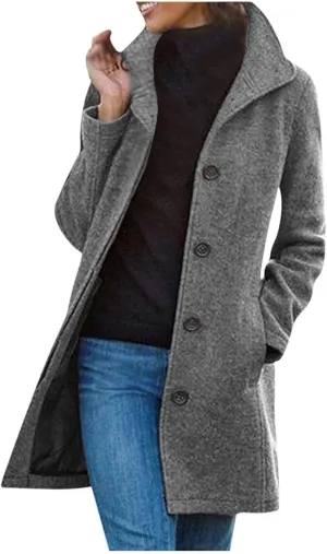Women's Wool Blend Trench Coat Casual Single Breasted Pea Coat Thicken Stand Collar Mid Long Overcoat with Pocket