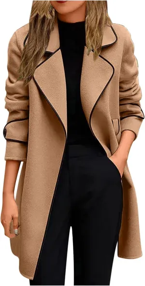 Wool Coats for Women Casual Open Front Winter Trench Coat Oversized Notch Lapel Thicken Bussiness Jacket With Belts