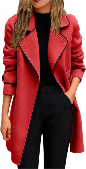 Wool Coats for Women Casual Open Front Winter Trench Coat Oversized Notch Lapel Thicken Bussiness Jacket With Belts