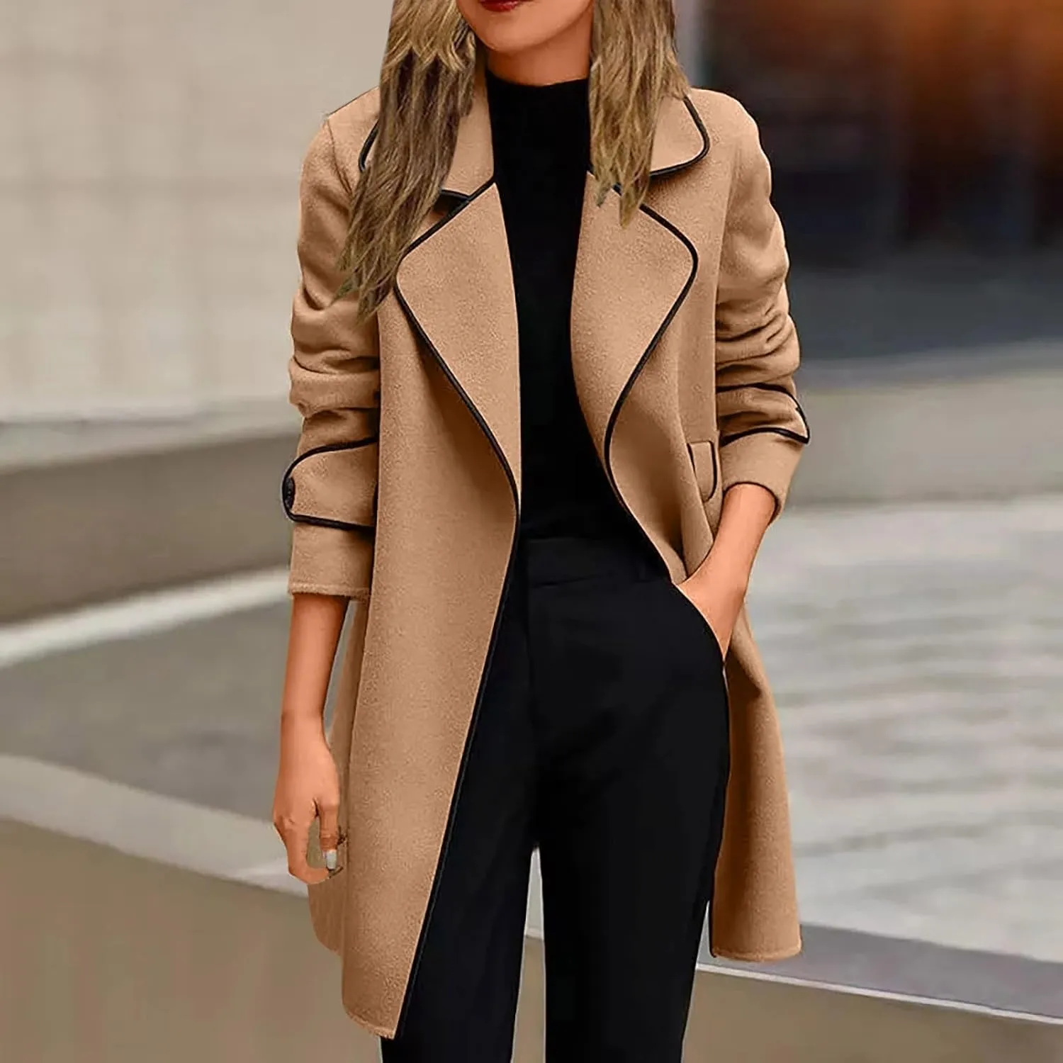 Wool Coats for Women Casual Open Front Winter Trench Coat Oversized Notch Lapel Thicken Bussiness Jacket With Belts