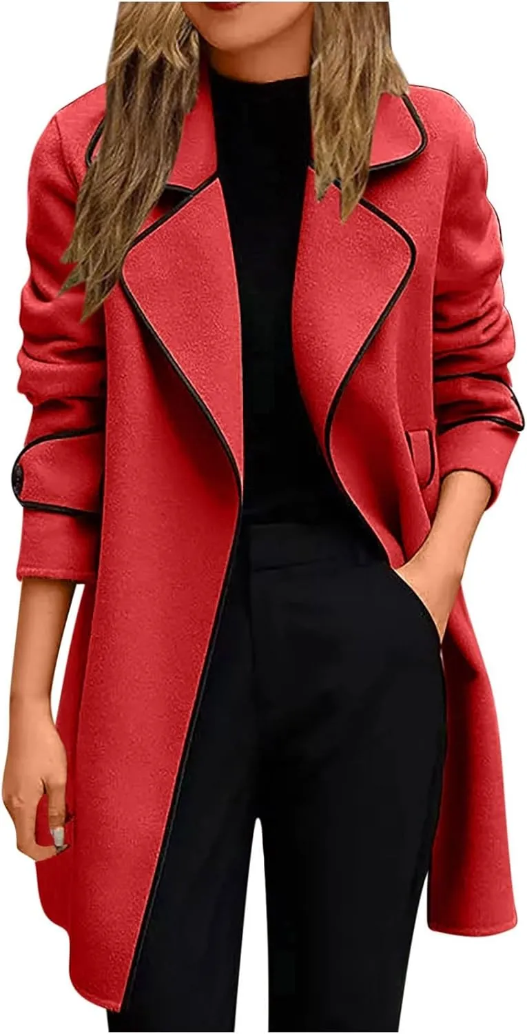 Wool Coats for Women Casual Open Front Winter Trench Coat Oversized Notch Lapel Thicken Bussiness Jacket With Belts