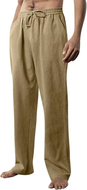 Work Pants for Men Lightweight Soft Cotton Linen Pants 2025 Summer Casual Elastic Waist Lounge Pants with Pockets