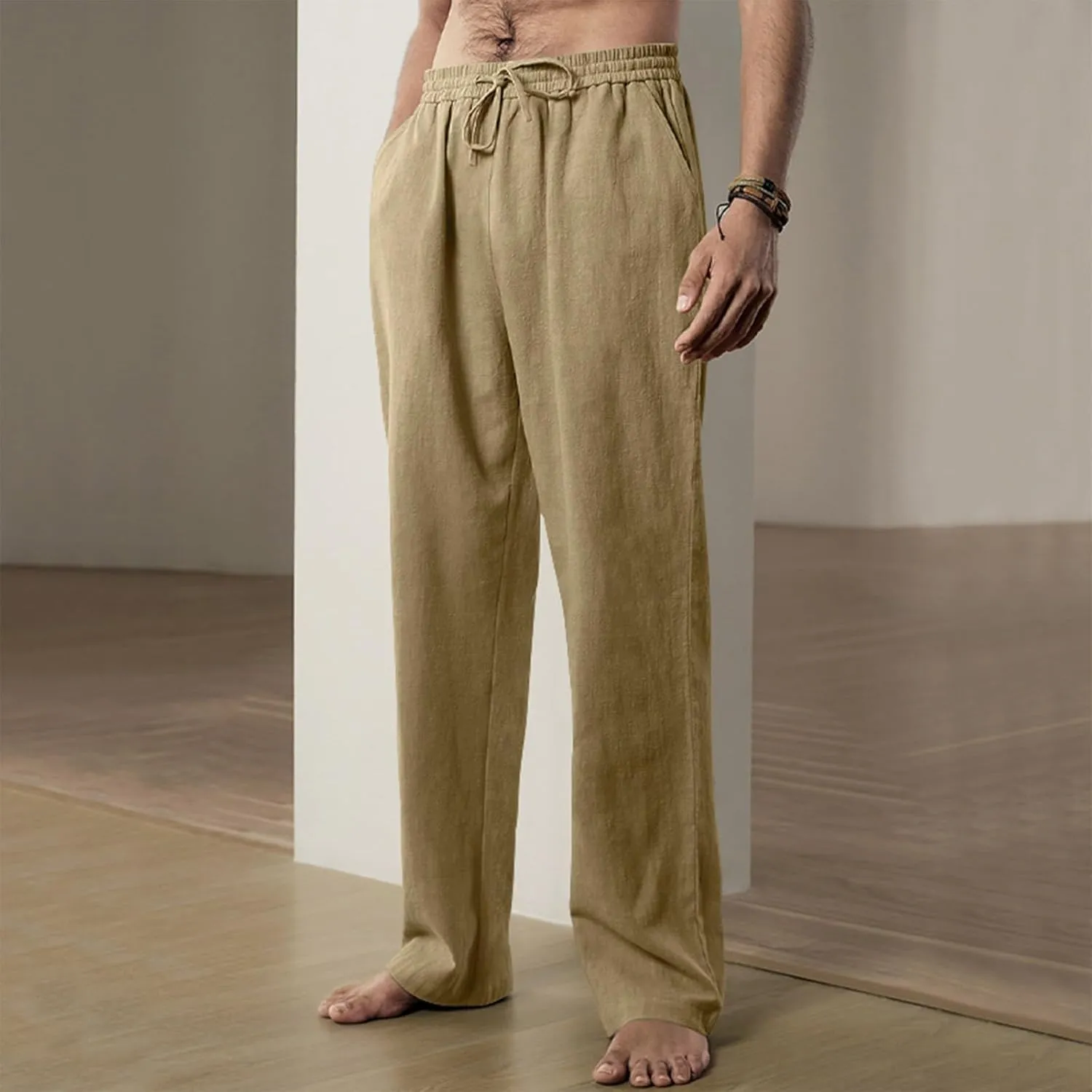 Work Pants for Men Lightweight Soft Cotton Linen Pants 2025 Summer Casual Elastic Waist Lounge Pants with Pockets