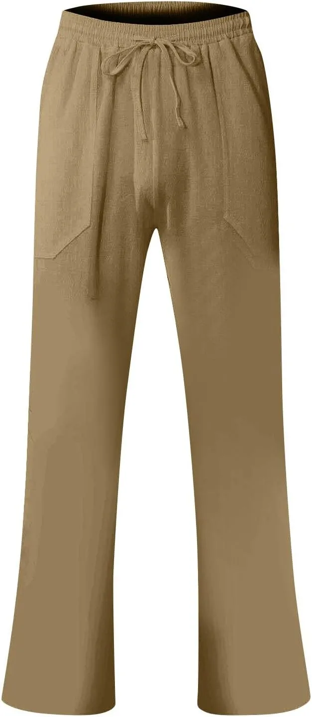 Work Pants for Men Lightweight Soft Cotton Linen Pants 2025 Summer Casual Elastic Waist Lounge Pants with Pockets