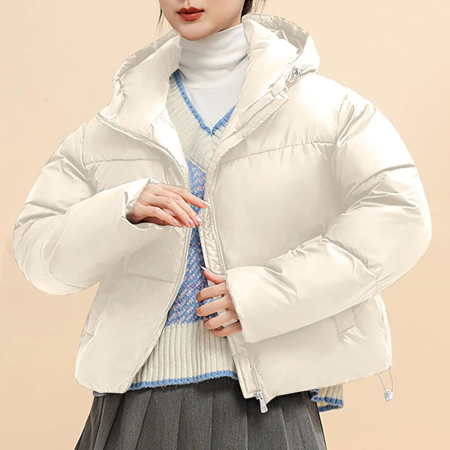 XUNRYAN Puffer Jackets Women Cropped Winter Warm Down Coat Hooded Quilted Lightweight Jacket Short Coat Warm Parka Overcoat