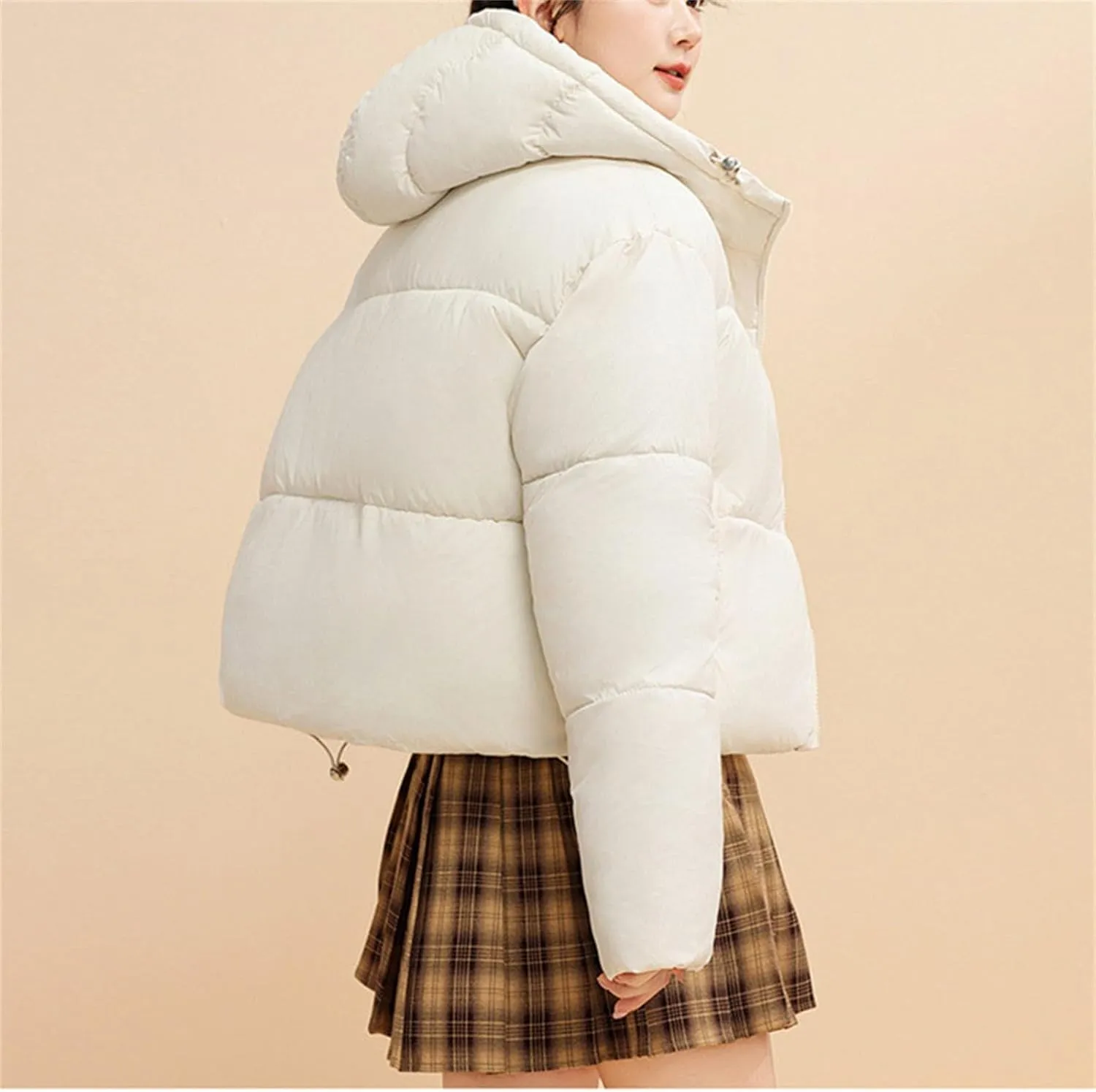 XUNRYAN Puffer Jackets Women Cropped Winter Warm Down Coat Hooded Quilted Lightweight Jacket Short Coat Warm Parka Overcoat
