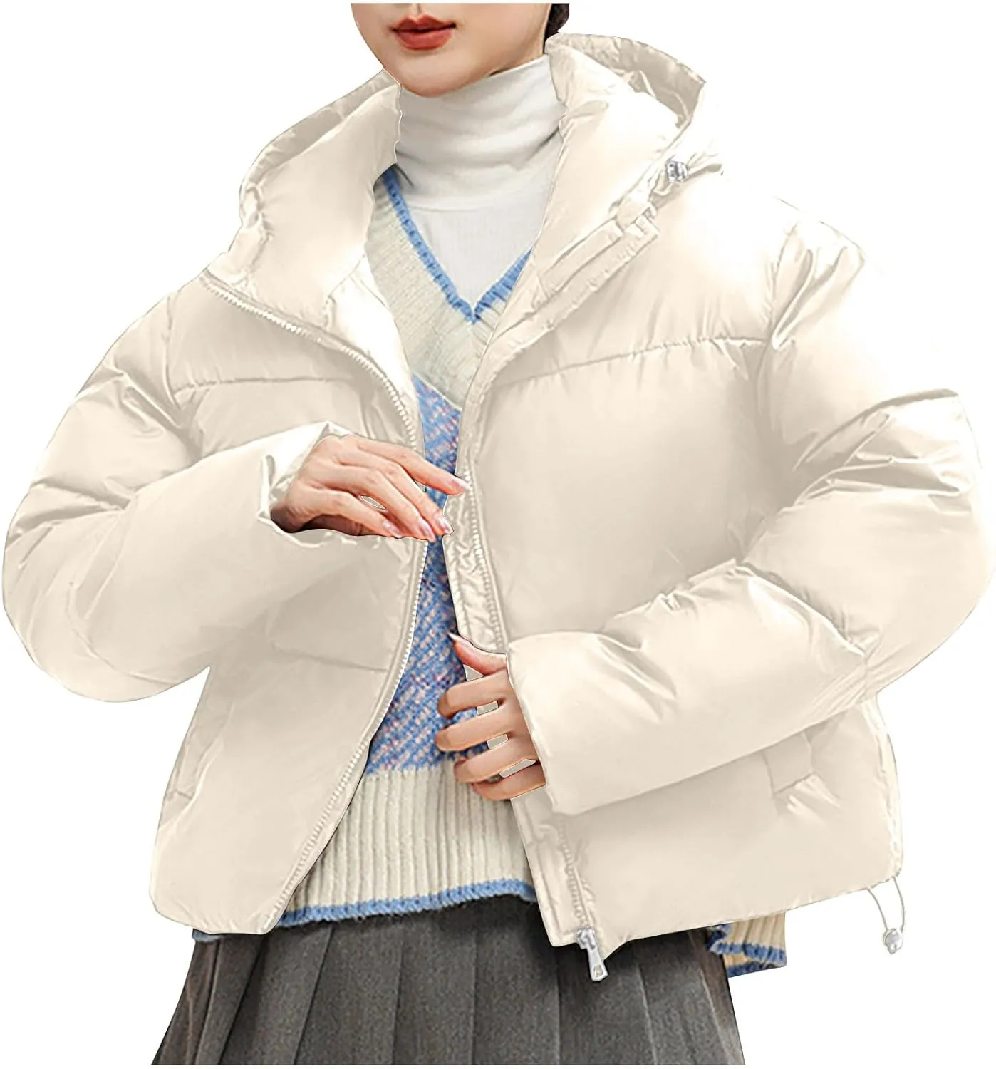 XUNRYAN Puffer Jackets Women Cropped Winter Warm Down Coat Hooded Quilted Lightweight Jacket Short Coat Warm Parka Overcoat