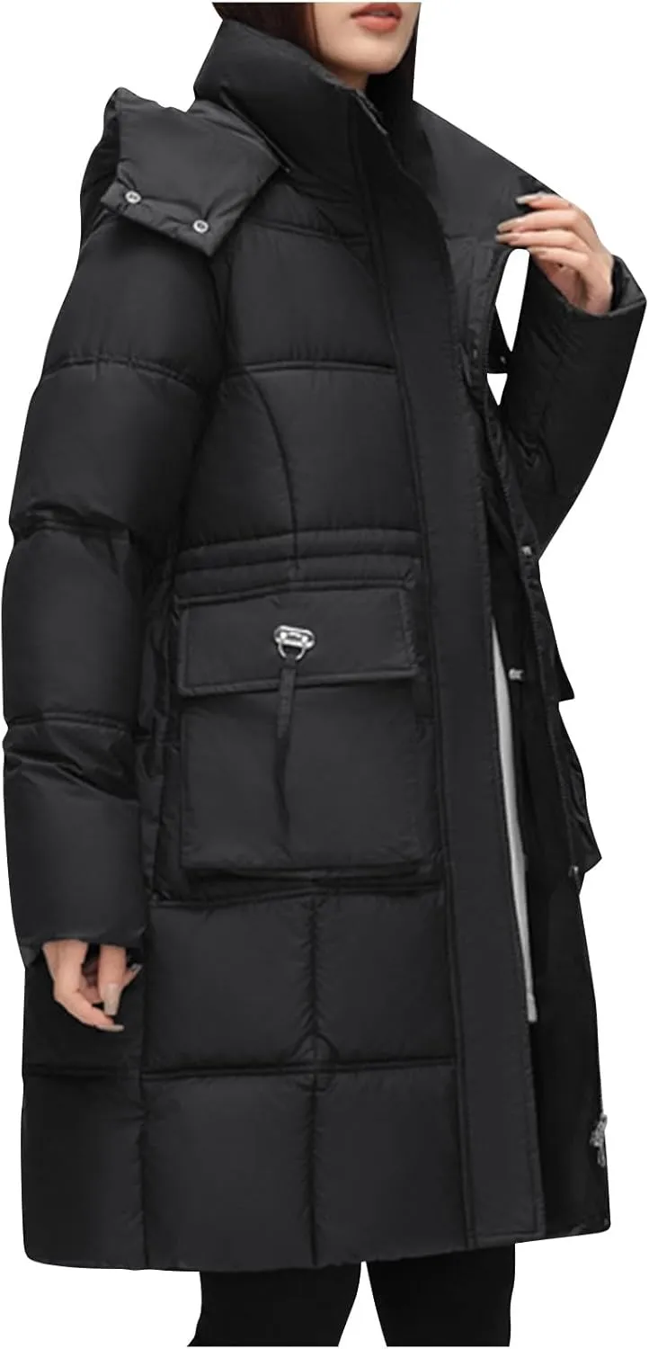 XUNRYAN Winter Down Coats for Women Warm Puffer Jackets Hooded Thicken Warm Parka Anorak Windbreaker Ski Overcoat Pockets