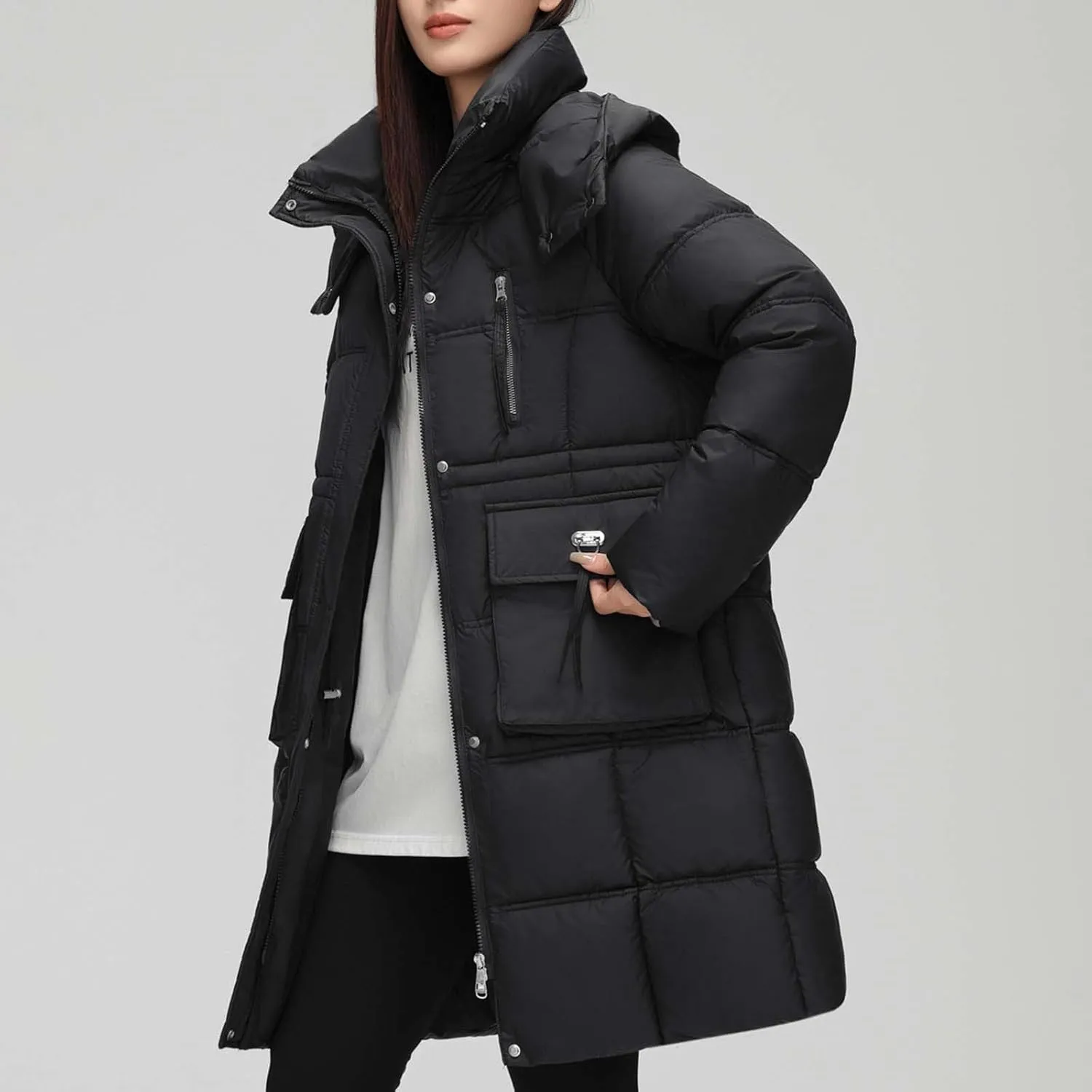 XUNRYAN Winter Down Coats for Women Warm Puffer Jackets Hooded Thicken Warm Parka Anorak Windbreaker Ski Overcoat Pockets