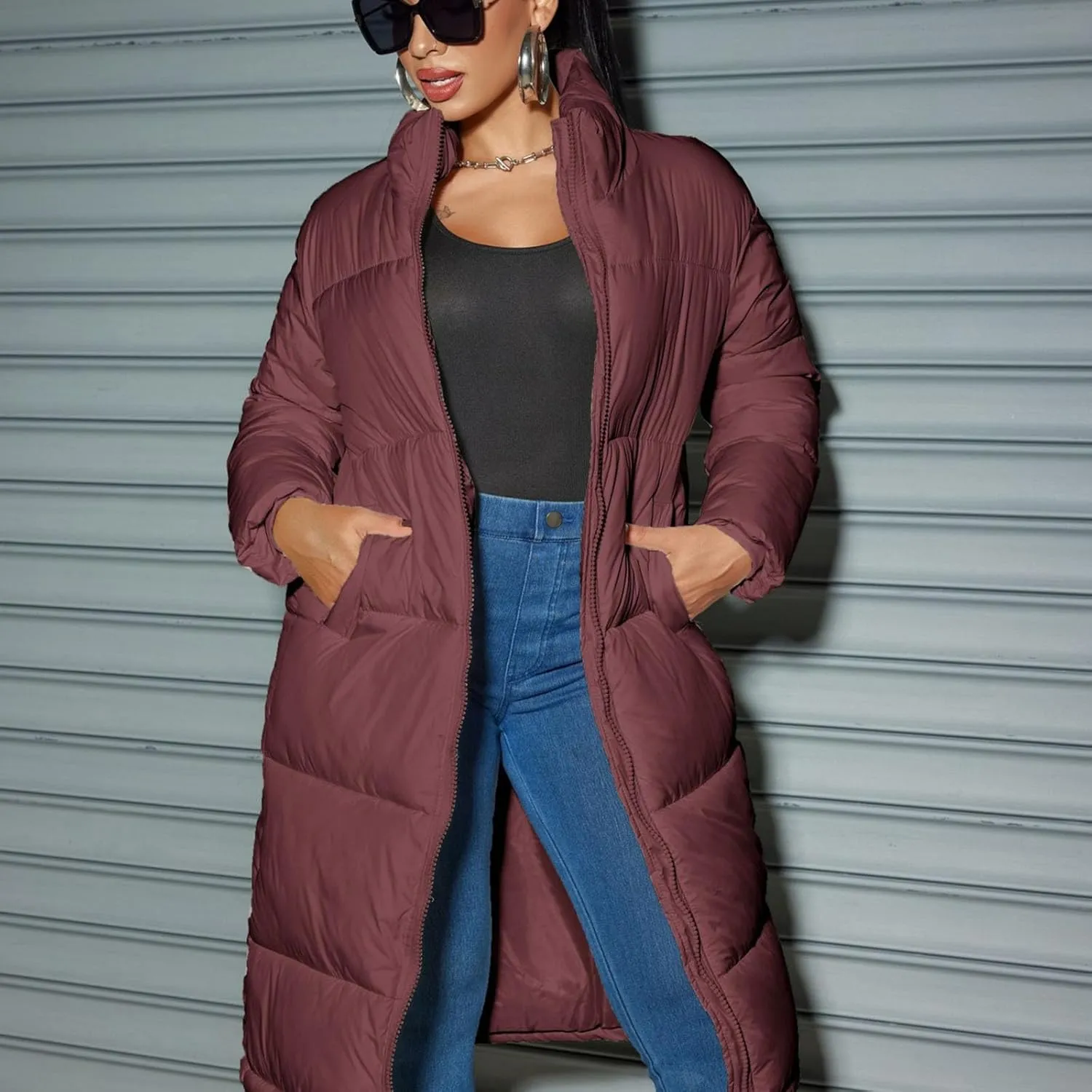 XUNRYAN Womens Maxi Long Puffer Jackets Winter Warm Down Coat Stand Collar Zip Up Quilted Jacket Thick Warm Parka Overcoat