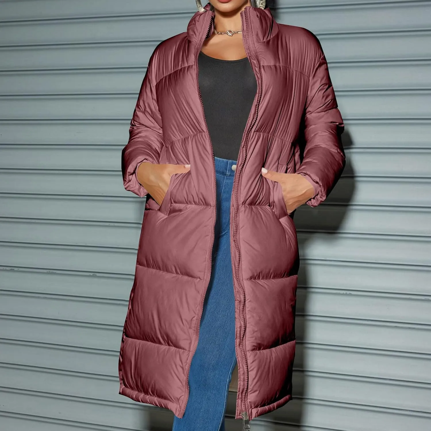 XUNRYAN Womens Maxi Long Puffer Jackets Winter Warm Down Coat Stand Collar Zip Up Quilted Jacket Thick Warm Parka Overcoat